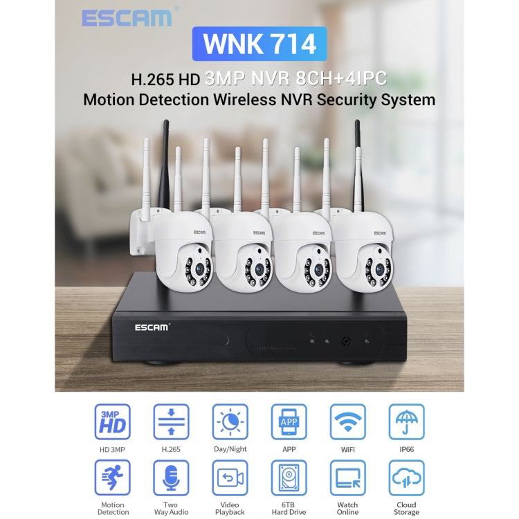 ESCAM WNK714 3.0 Million Pixels 4-channel HD Dome Camera NVR Wireless Monitoring Kit, AU Plug, SPC0100AU, SPC0100EU, SPC0100UK, SPC0100US ESCAM WNK714 3.0 Million Pixels 4-channel HD Dome Camera NVR Wireless Monitoring Kit, AU Plug, SPC0100AU, SPC0100EU, SPC0100UK, SPC0100US